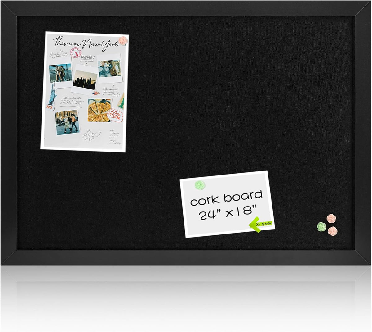 Board2by Black Cork Board Bulletin Board with Linen, Wood Framed 24" x 18" Corkboard, Office Board for Wall Decor, Wall Mounted Pin Board Picture Board with 20 Pushpins for School, Home & Office