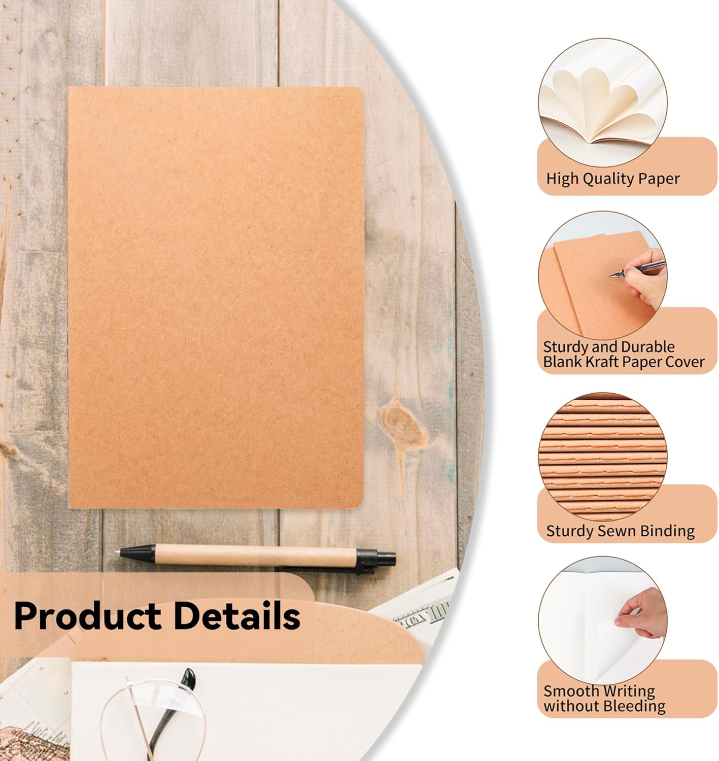 miikoul 24 Pack Blank Kraft Notebooks, 8.3"x5.5" A5 Small Journal Bulk Blank Notebooks 80 Gsm Unlined with 60 Pages A5 Subject Notebooks Traveler Journal Set for Adult Students Office School Supplies