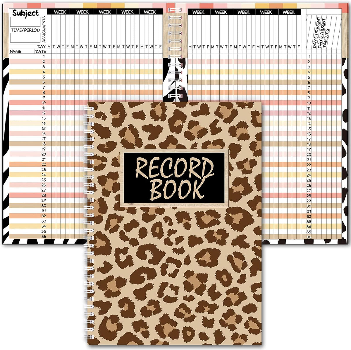 Leopard Teacher Record Book Teacher Grade Book Animal Print Spiral Bound Record Class Gradebook Office Favors Gift for Classroom Attendance Decoration Double Sided Color Printing