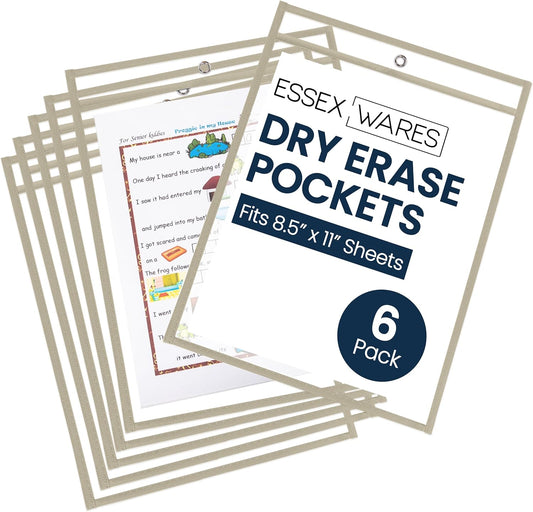 Essex Wares - 6 Pack, Beige, Durable Water-Resistant Dry Erase Pocket Document Protectors, 10" Wide x 13.5" Tall - Dry Erase Clear Plastic Sleeves - Reusable & Easy Erase Plastic Invoice Holders