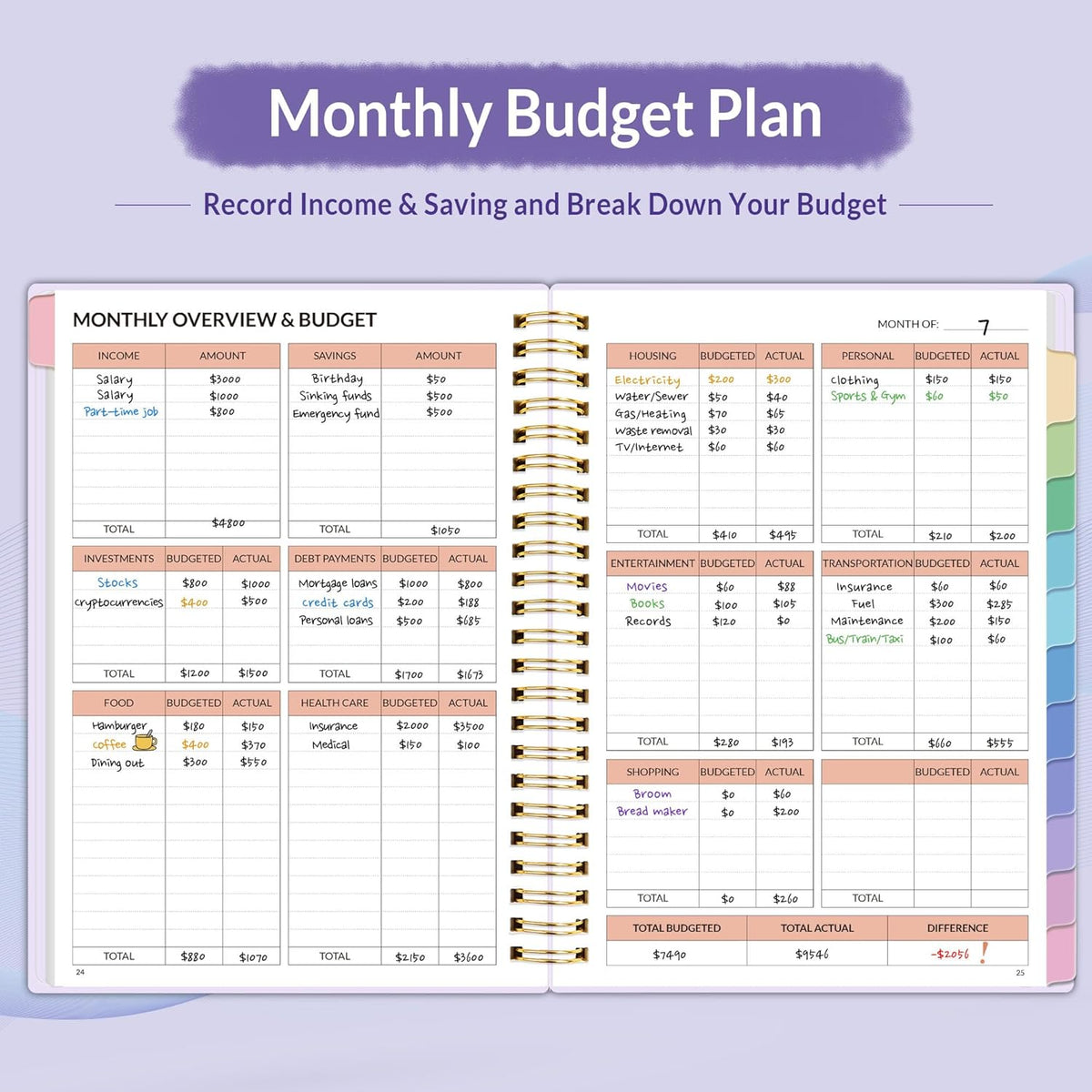 SUNEE Budget Planner - Monthly Budget Book with Expense Tracker Notebook, Undated 12 Month Bill Organizer & Finance Planner to Manage Your Money, A5(6.4" x 8.3") Account Book with Colorful Tab, Purple
