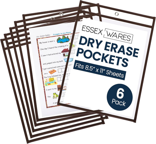 Essex Wares - 6 Pack, Brown, Durable Water-Resistant Dry Erase Pocket Document Protectors, 10" Wide x 13.5" Tall - Dry Erase Clear Plastic Sleeves - Reusable & Easy Erase Plastic Invoice Holders