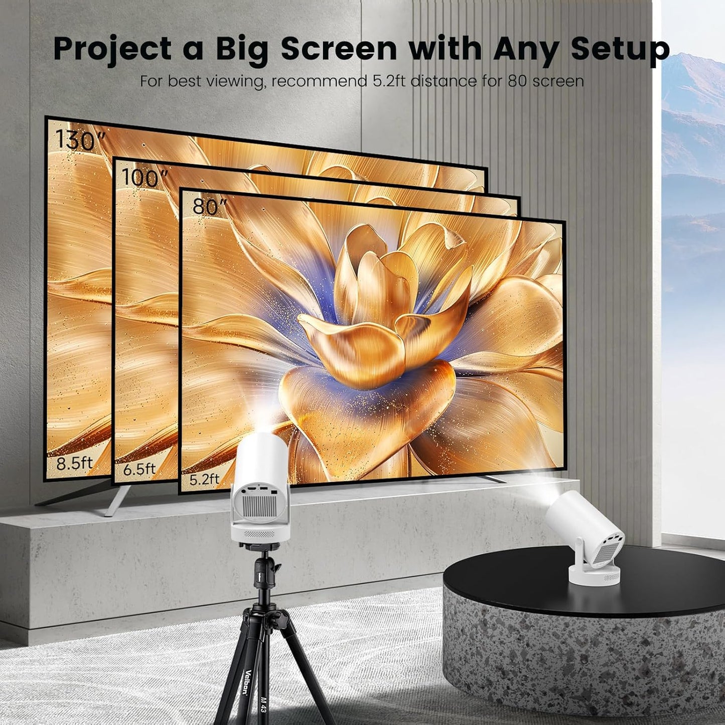 Mini Projector with WiFi and Bluetooth, Smart Portable Projector with 4K Support, 5w Sound Base Speaker, 260 ANSI, 210° Rotation, Auto Keystone Correction for Home Bedroom Outdoor, HY300 Plus