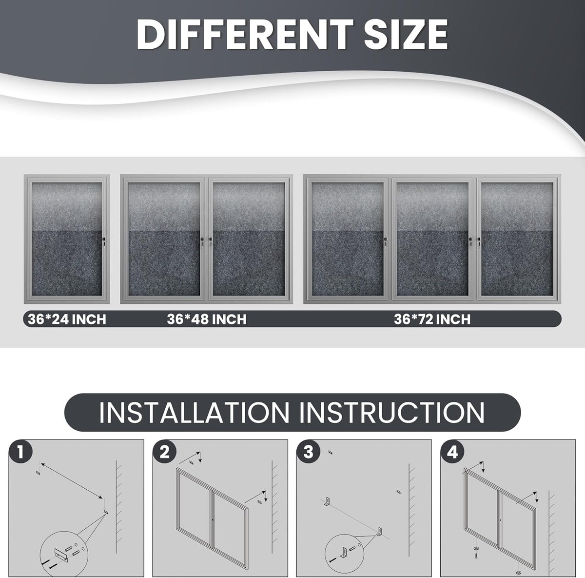 48"x36" Lockable Enclosed Bulletin Board, Outdoor Flet Weather-Resistant Aluminum Frame Notice Board, Wall Mounted Display Case Acrylic Doors for School,Office,Silver Frame w/Grey Flet