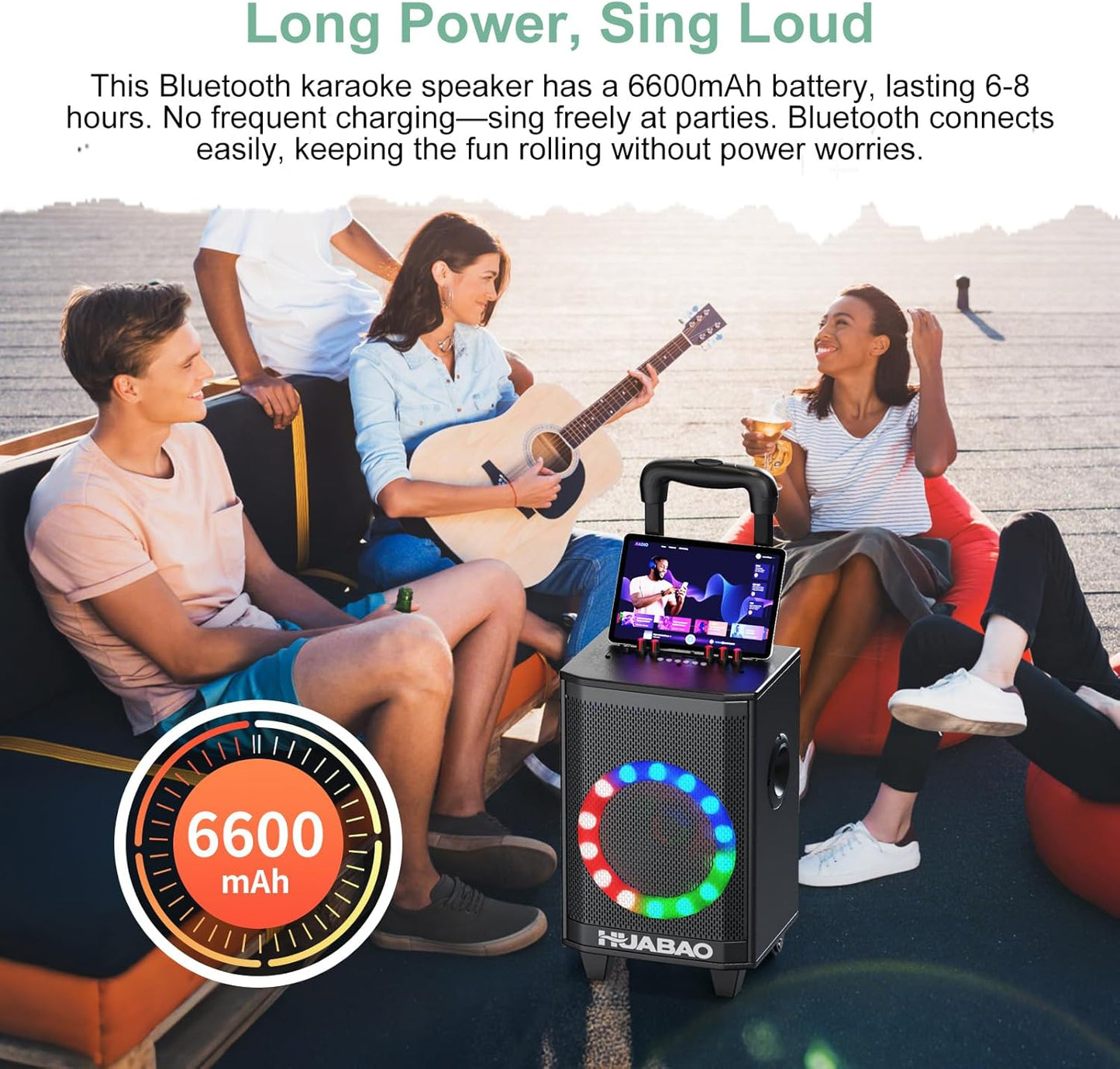 Portable Karaoke Machine with 2 Wireless Microphones, Bluetooth Speaker with Lights and Trolley Wheels, 6600mAh Rechargeable PA System, FM/AUX/USB/TF, Remote, Bass/Treble/Echo Adjust, Ideal for Party