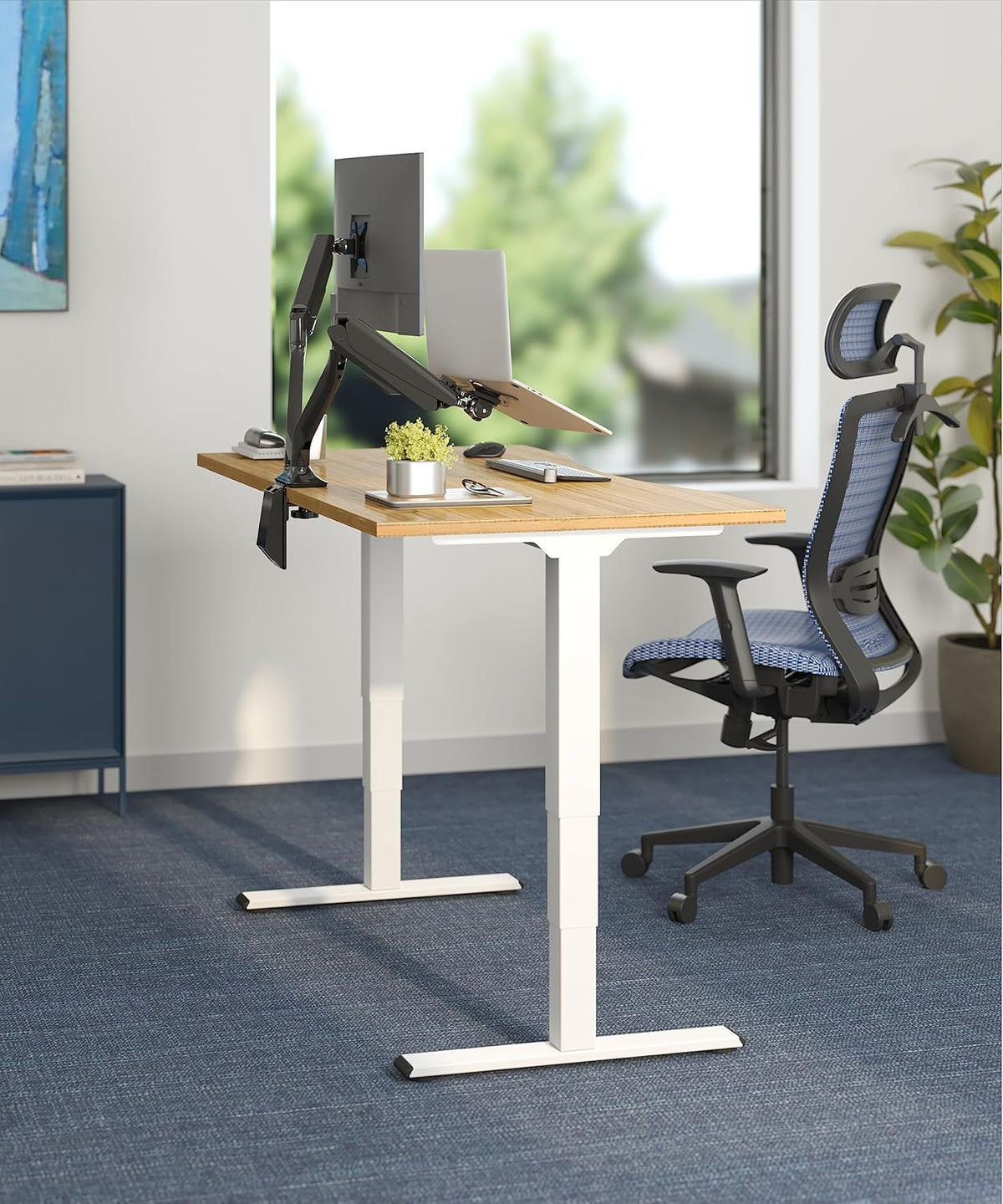 FLEXISPOT E6 Essential Bamboo 3 Stages Dual Motor 78x30 Inch Electric Height Adjustable Standing Whole-Piece Board Desk Sit Stand Up Desk (White Frame + Bamboo Curved Desktop)