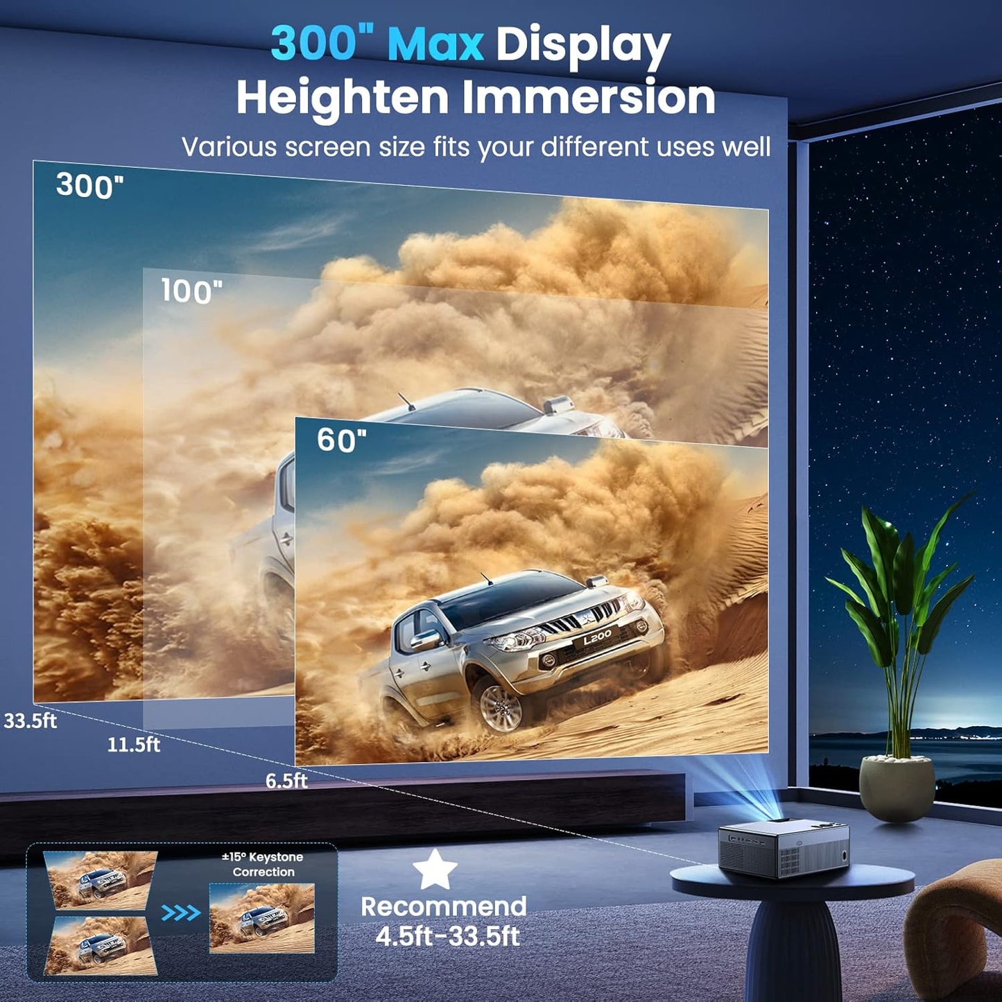 【28000Lumens High Brightness】Projector with 5G WiFi and Bluetooth, Upgrade Outdoor Movie Projector 4K Supported, Max 300" Zoom, Home Theater Projector Compatible w/HDMI/USB/Phone/Laptop/TV Stick
