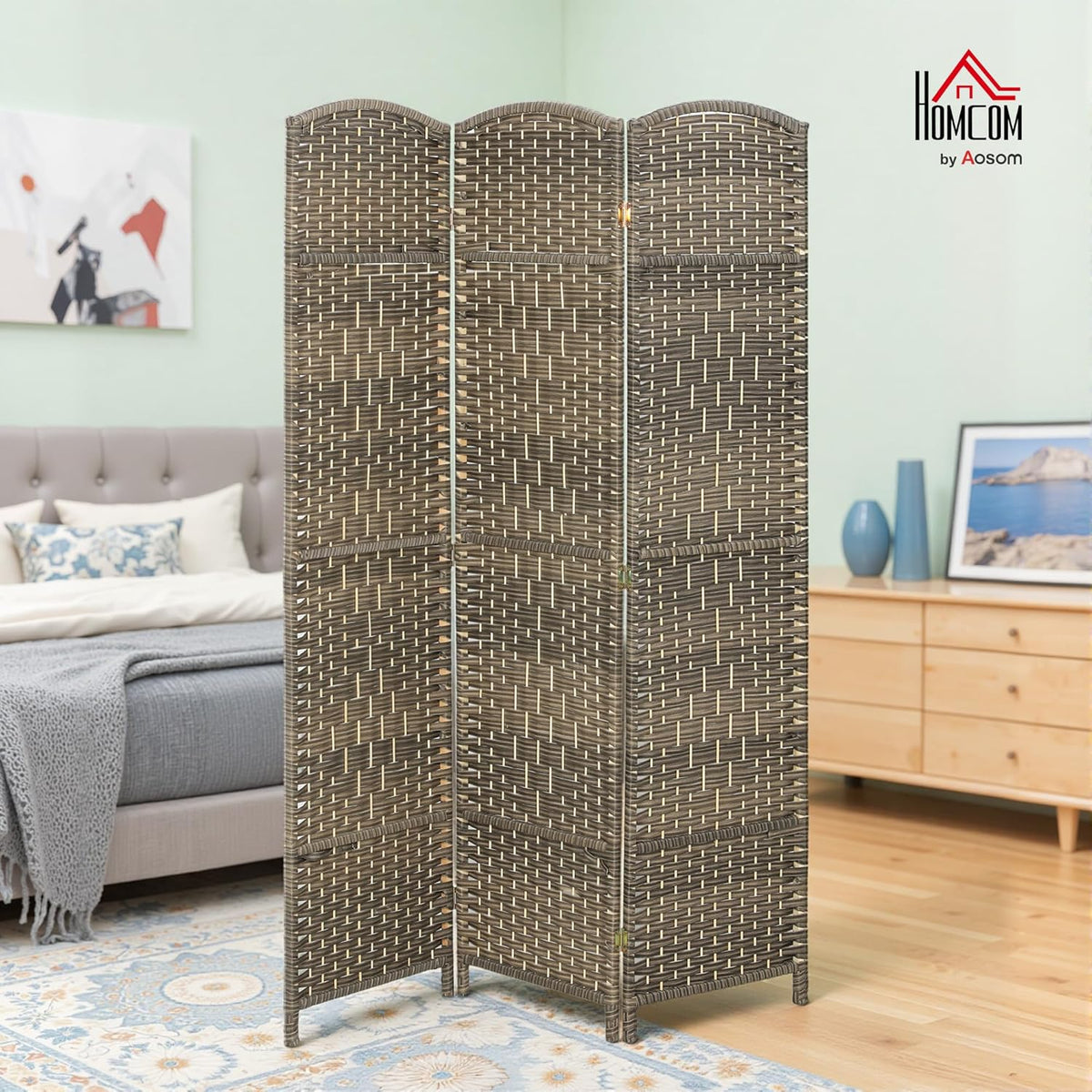 HOMCOM 3 Panel Room Divider, 6' Tall Folding Privacy Screen, Hand-Woven Freestanding Wall Partition for Home Office, Bedroom, Dark Rustic Oak