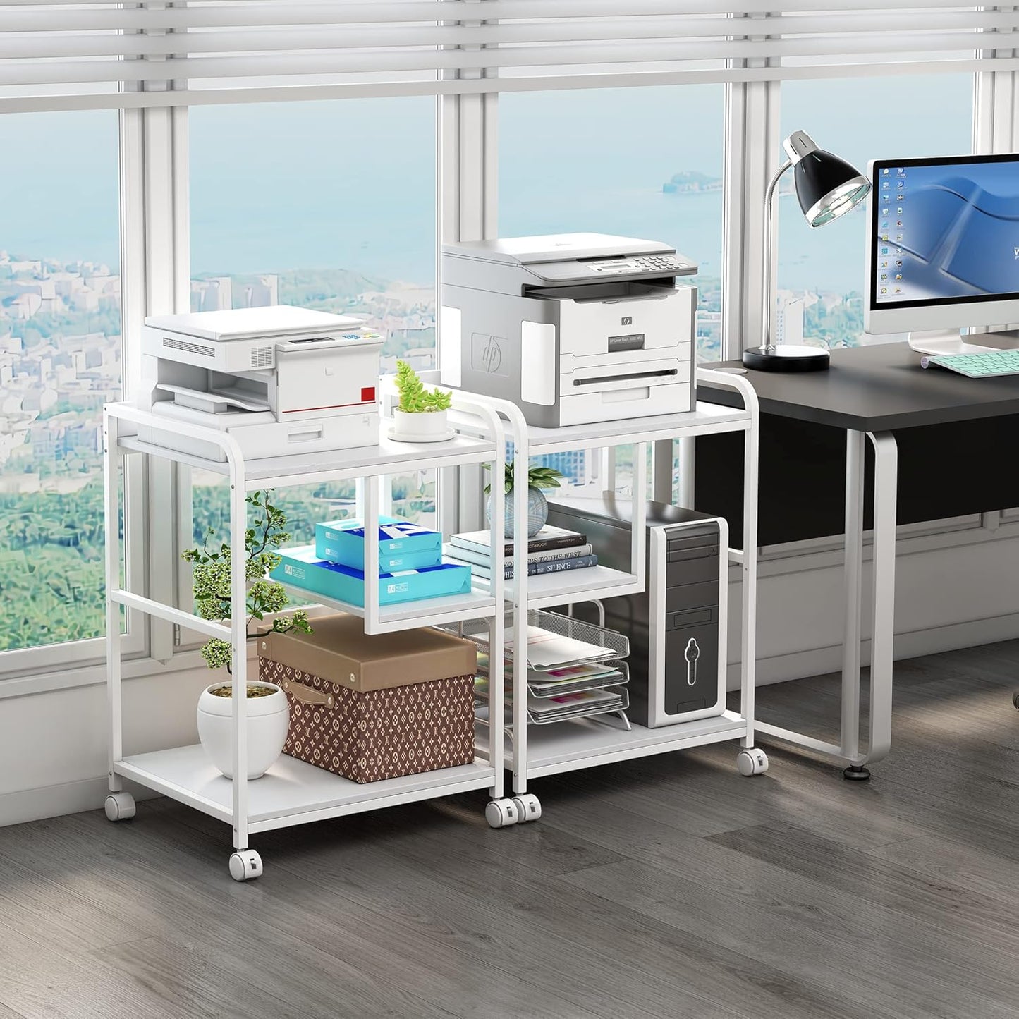 Large Printer Stand Table with Storage Shelf for Host Computer, PC Tower, CPU and Shredder, 3 Tier Rolling Printer Cart with Wheels for Home Office Storage and Organization - White