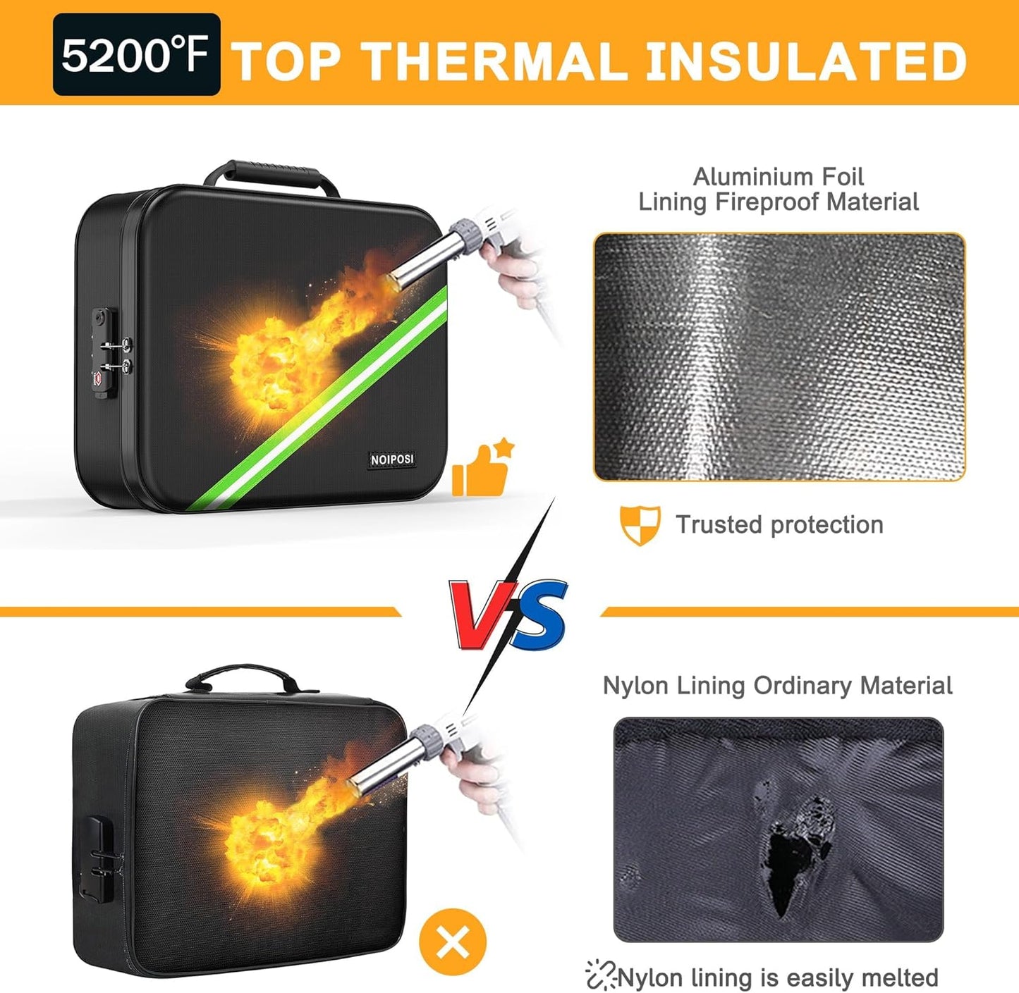 Noiposi 5200℉ Fireproof Document Box, 16.1x 11.4x4.3 Inch Waterproof and Fireproof Document Organizer,Portable Home Travel Safe Storage Box for Legal Size Documents,File and Birth Certificate,Black