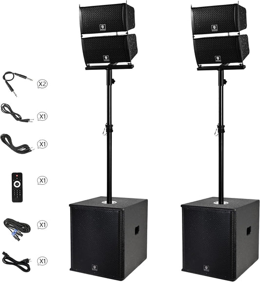 RECK 6000W P.M.P.O Stereo 15-inch Powered PA Speaker System DJ Combo Set, 4 Line Array Speakers and Two 15 inch Subwoofers with Bluetooth/USB/SD Card/Remote Control for Party DJ Wedding Meeting