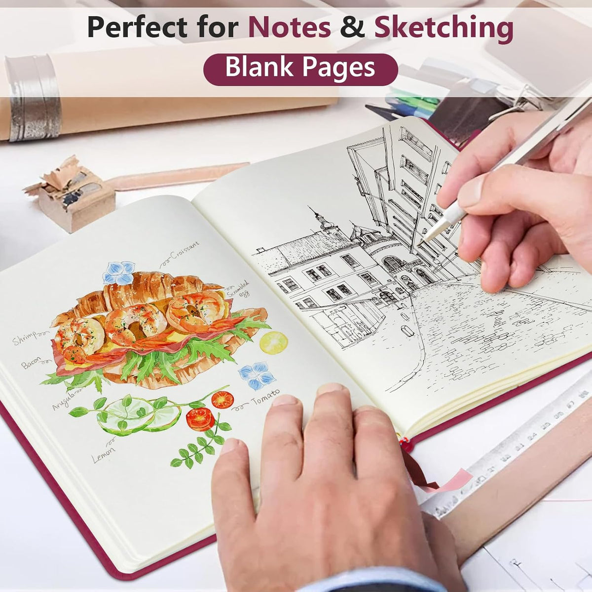 PERCUN Blank Journal Ntebook for Men & Women, 160 Pages Blank Journals for Writing, Drawing,Sketch Book,5.9" x 8.5" Leather Sketchbook, Unlined Notebook for Work, School, Art - Burgundy