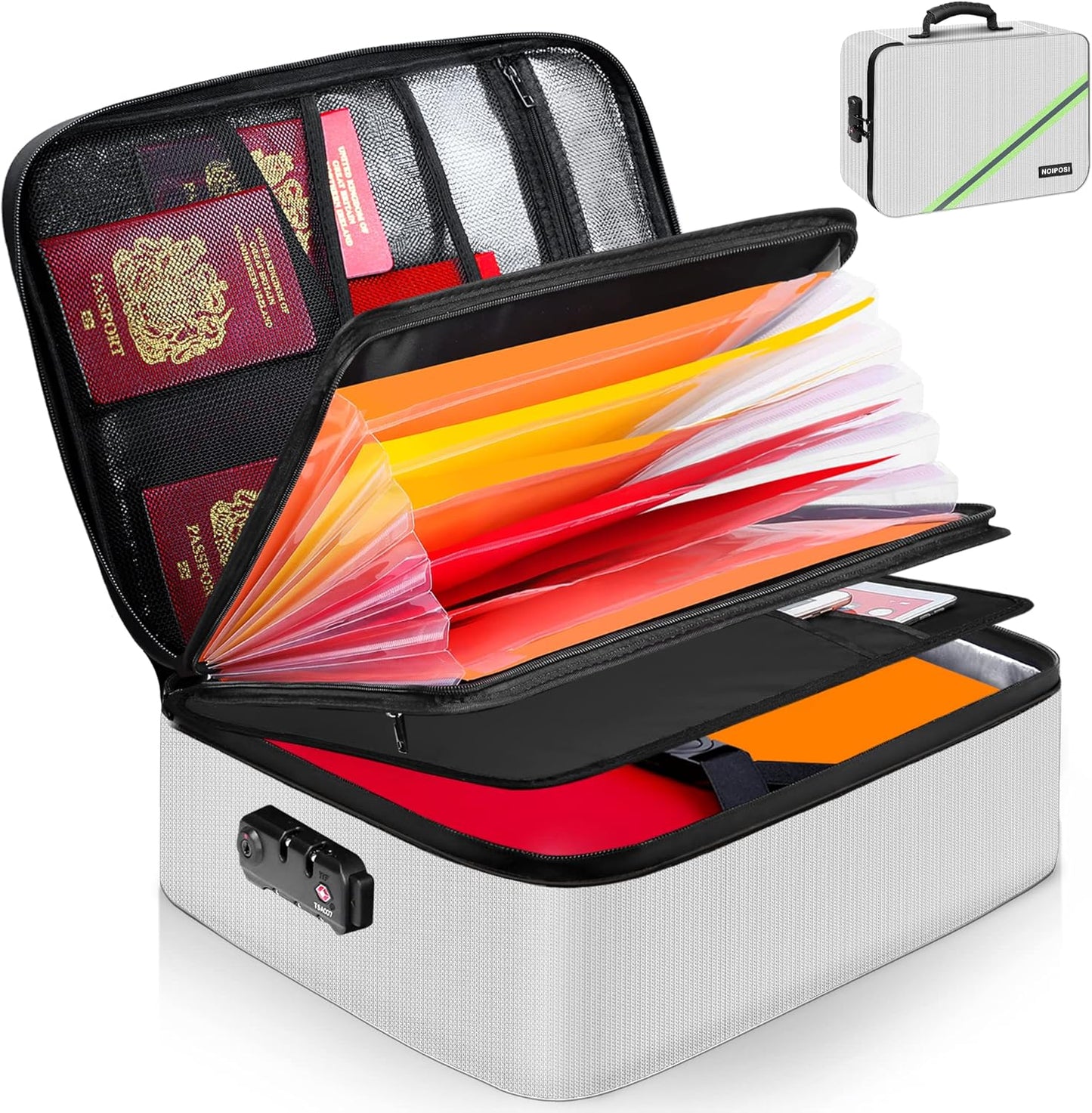 Noiposi Document Organizer with Lock,16.1"x11.4"x4.3" Waterproof and Fireproof Document Box,Portable Home Travel Safe Storage Box for Important Documents,File and Birth Certificate,Silver