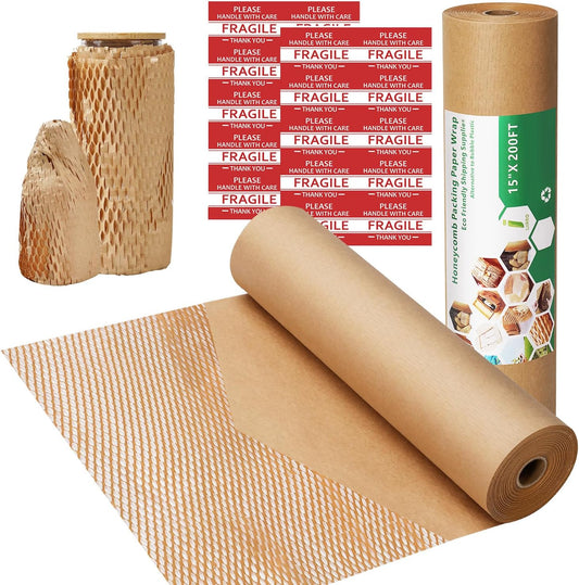 Honeycomb Packing Paper,15" x 200' Bubble Cushioning Wrap Roll for Moving Shipping Packaging Gifts, Recyclable Cushioning Paper Moving Packing Supplies Protective Roll with 20 Fragile Sticker Labels