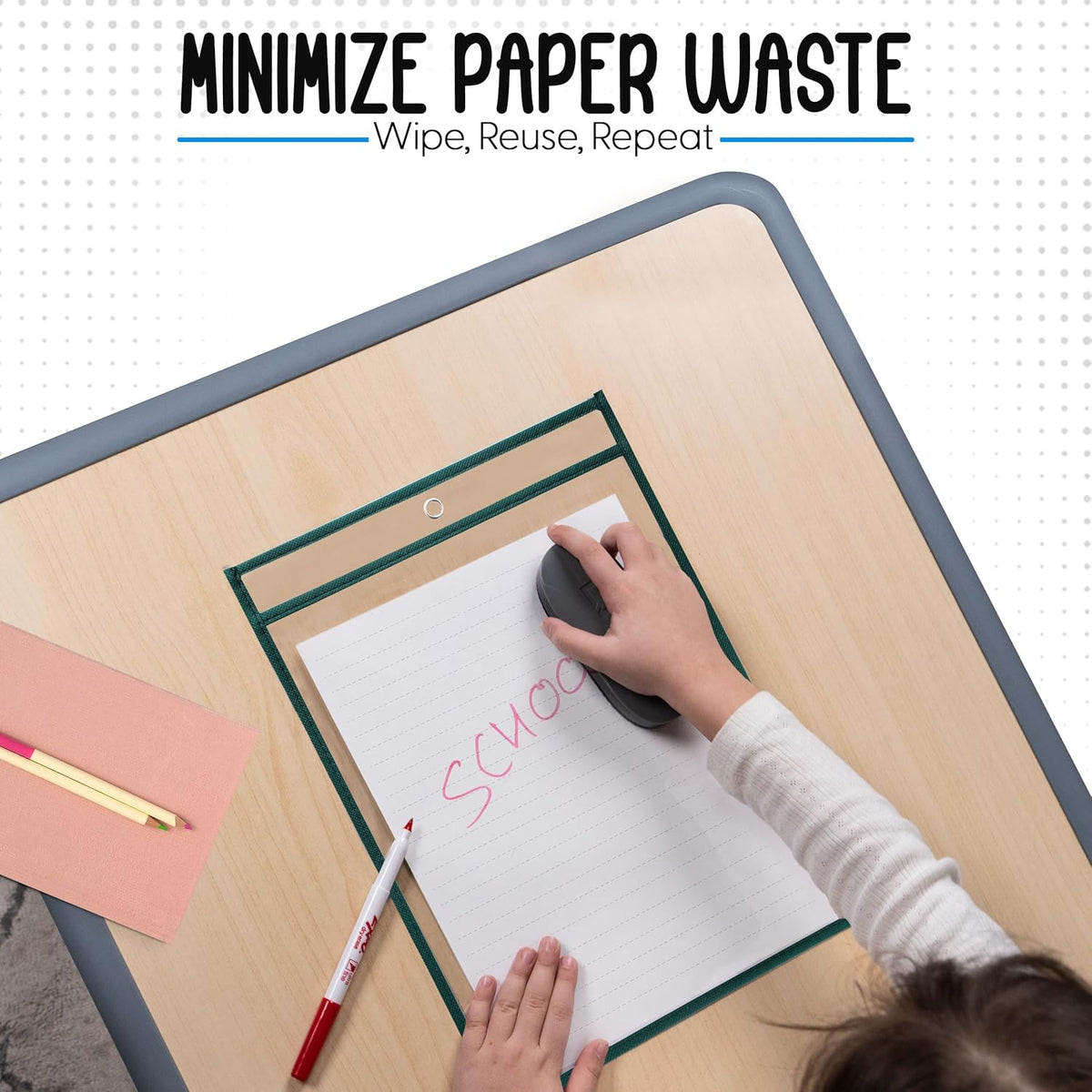 Essex Wares - 6 Pack, Forest Green, Water-Resistant Dry Erase Pocket Document Protectors, 10" Wide x 13.5" Tall - Dry Erase Clear Plastic Sleeves - Reusable & Easy Erase Plastic Invoice Holders