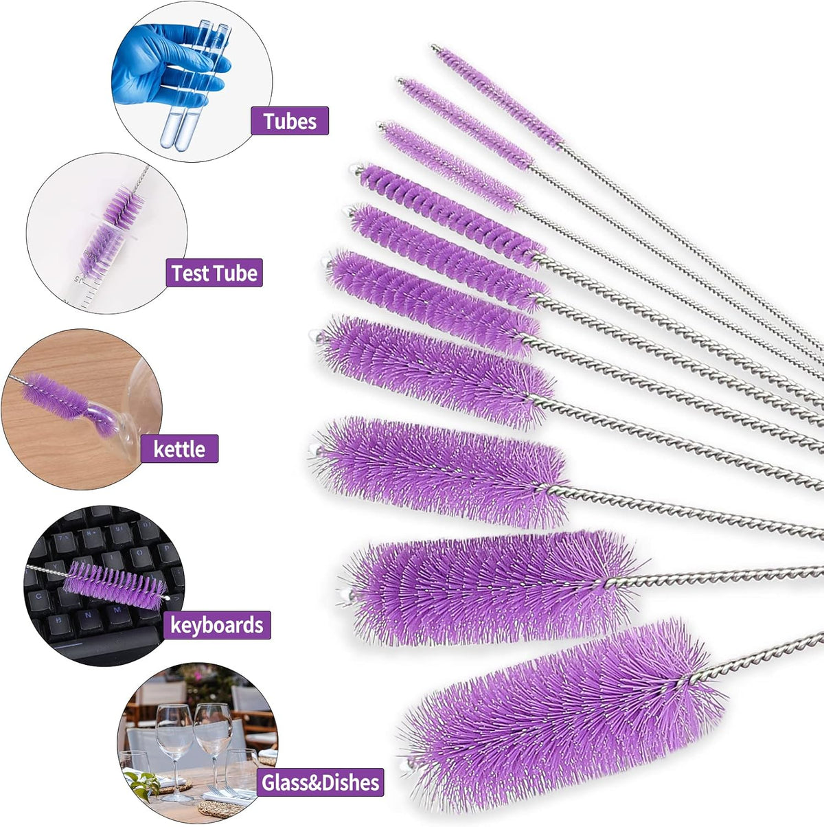CiaraQ Bottle Cleaning Brushes, 8 Inch Nylon Tube Brush Set, Cleaner for Narrow Neck Bottles Cups with Hook, Set of 10pcs. Purple