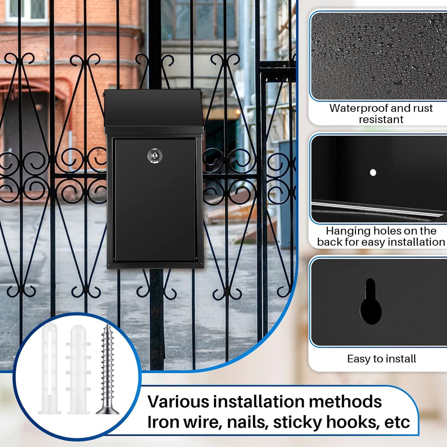 Metal Donation Box Collection Safe Suggestion Box with Slot and Lock Waterproof Wall Mounted Mailbox Money Container Lock Key for Home Outdoor Door, 10.2 x 5.7 x 3 Inch(Black)