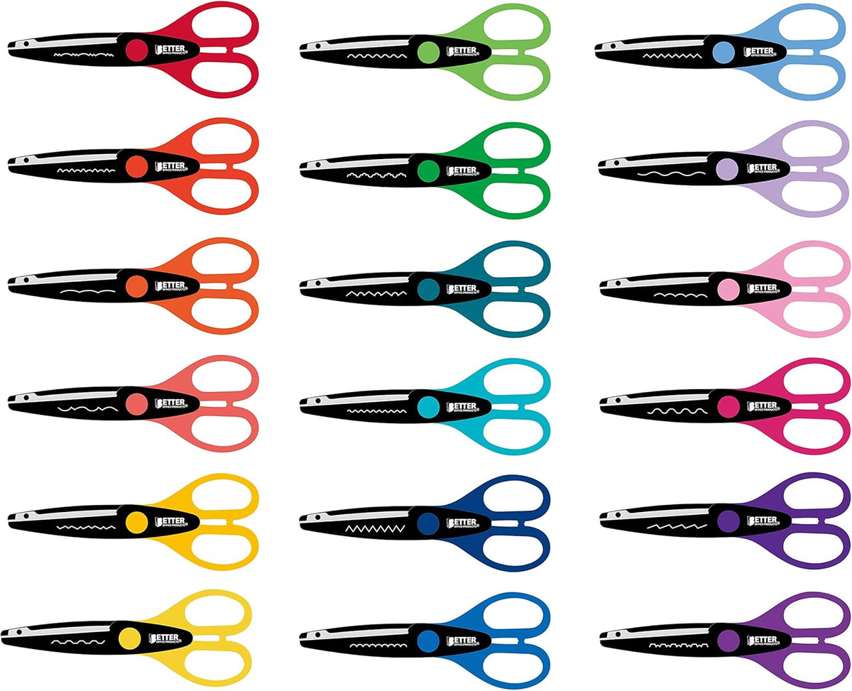 Better Office Products 18 Piece Decorative Edge Craft Scissors, 18 Colors and Edge Designs, 6 Inch Length, 2.5 Inch Blades, Assorted 18 Count Edger Scissors