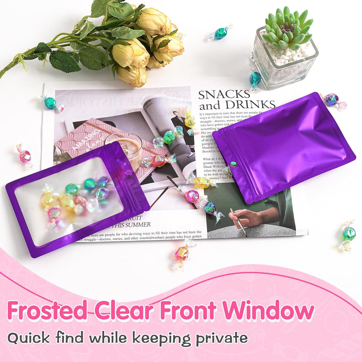 FUNFERY 100 Pack Mylar Resealable Bags Foil Packaging Bags with Clear Window,Zipper Pouch Smell Proof Bag for Food Storage,Cookies,Sample,Small Business(Purple,4x6inch)