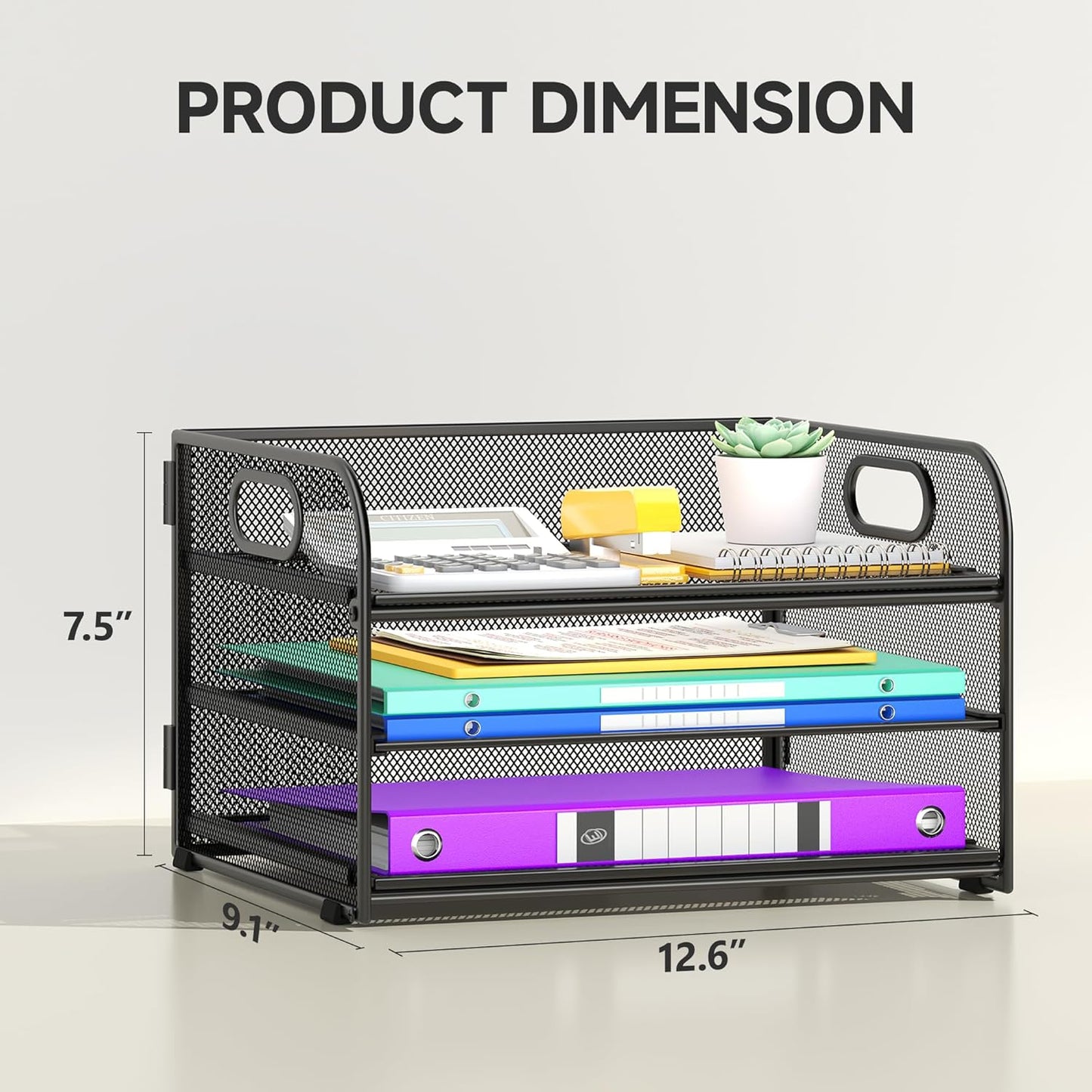 3 Tier Paper Organizer with Handle, Metal Desk Organizer Mesh Paper Letter Tray Desktop File Folder Document Sorter for Classroom, School, Office Accessories Organization and Storage - Black