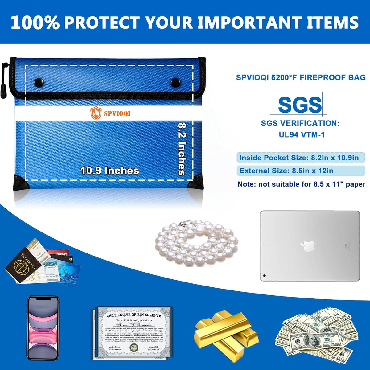 Upgraded 5200°F Fireproof Money Bag, Fireproof Bag with Zipper, Reflective Strip for Fast Find, 8 Layers of Heat Insulated Materials, Water Resistant, Fireproof Money Bag for Cash, A5 Documents