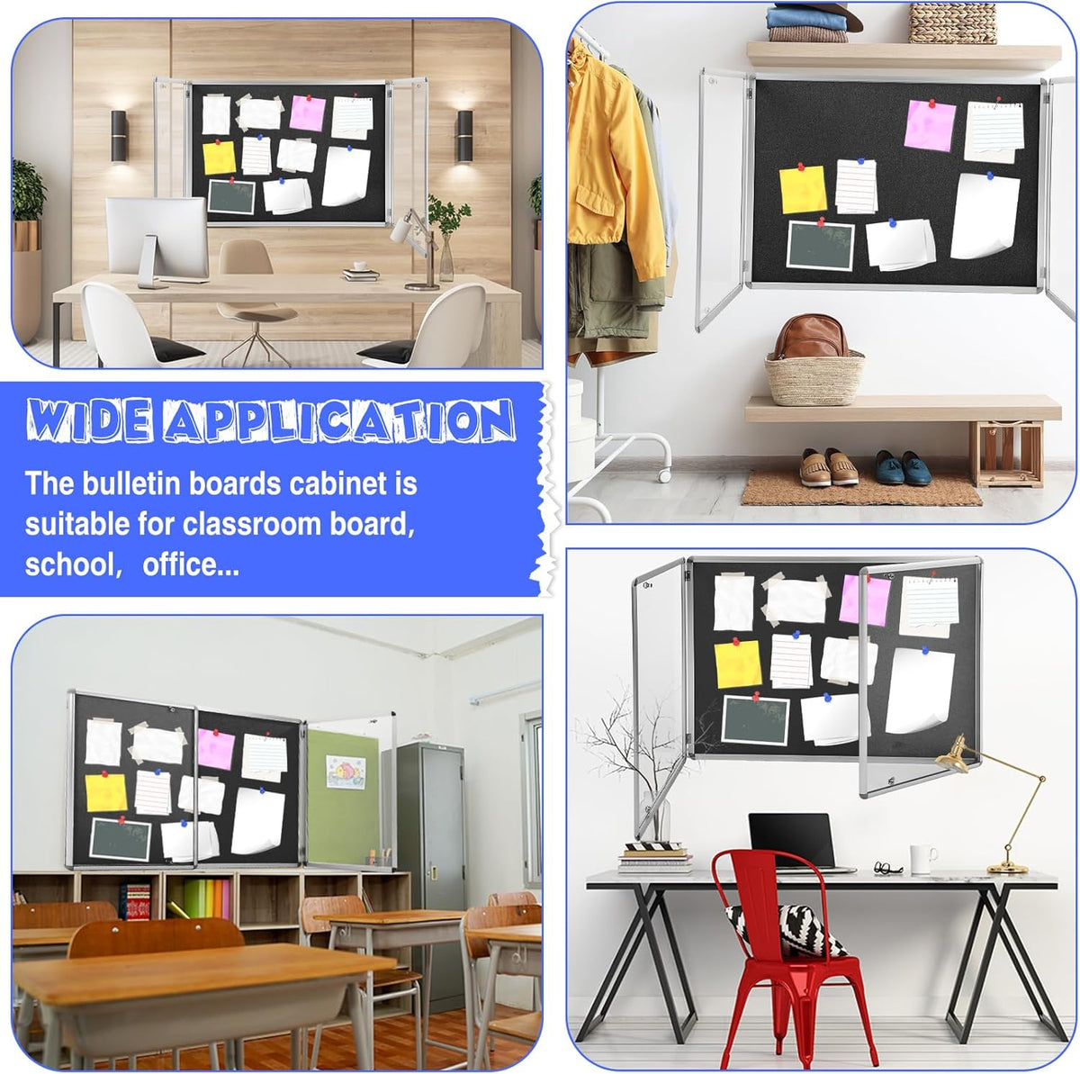 Enclosed Bulletin Board 48" x 36" Weather Resistant Lockable Notice Cork Display Board Wall Mounted 2 Locking Door for School Classroom Commercial Back to School, 12 x A4(Black, Silver Frame)