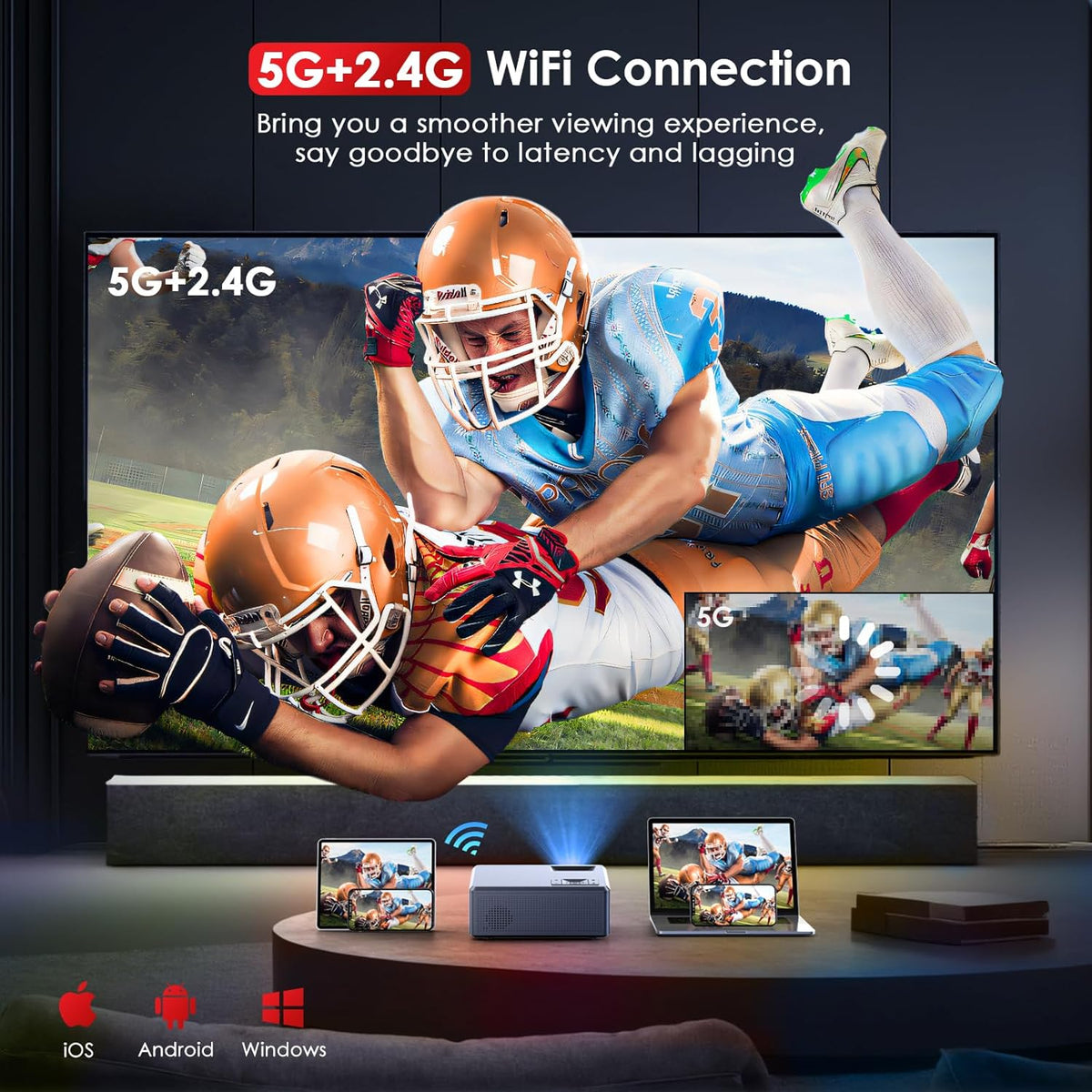 [Electric Focus] 4K Projector with 5G WiFi Bluetooth, 15000L JOWLURK Projector, Outdoor Movie Projector, Home Mini Theater Portable Projector for iPhone/TV/Android Stick/HDMI/USB/Laptop/PS5/DVD (Grey)