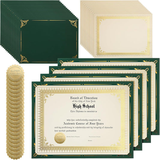 Fainne 50 Sets Certificate Kit Includes 50 Pcs 9.5 x 12 Inch Certificate Holders 50 Pcs Letter Size Papers 50 Pcs Foil Award Seals Diploma Covers for Appreciation(Green, Gold)