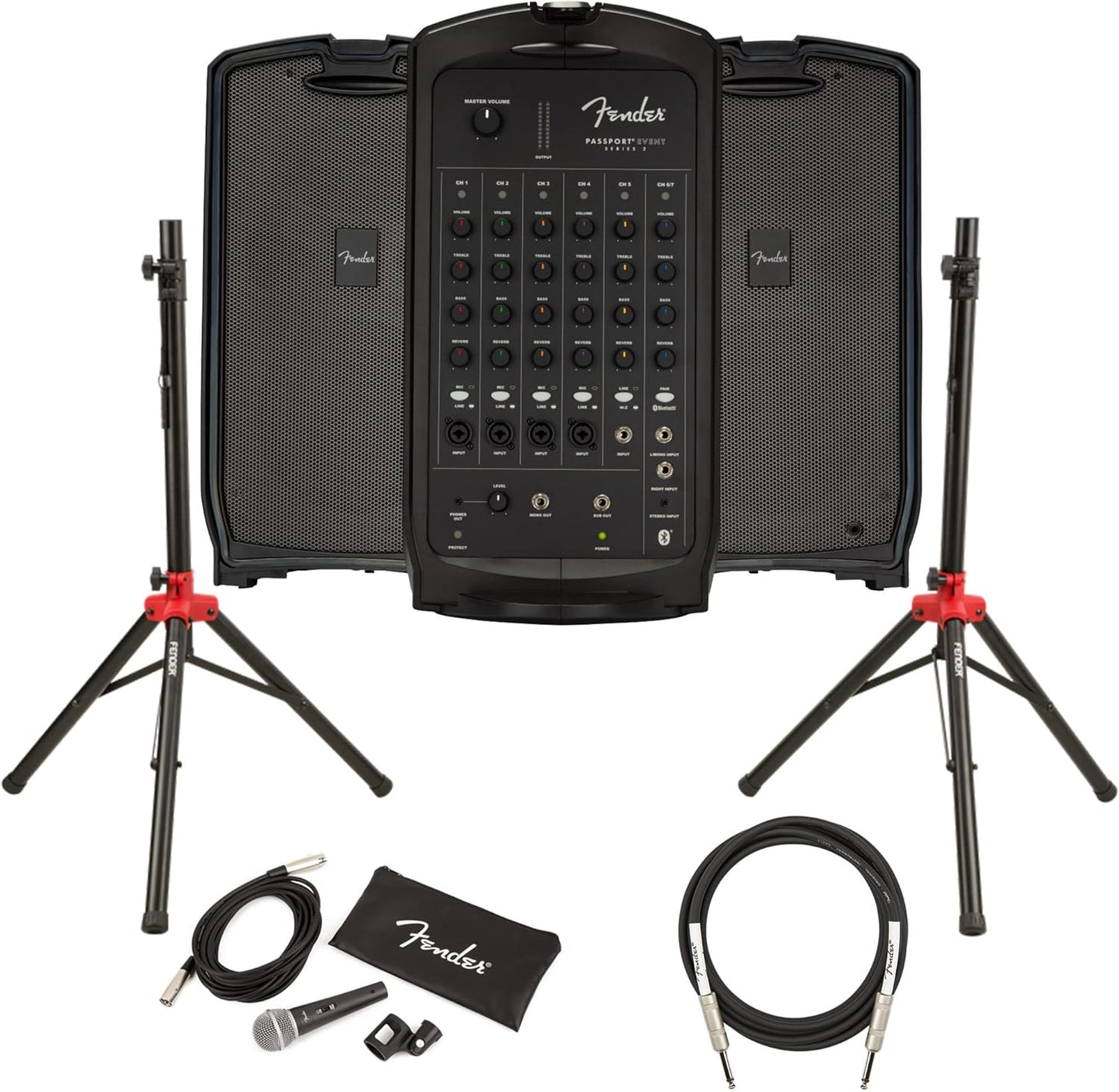Fender Passport Event S2 Portable PA System Bundle with Microphone, Compact Speaker Stands, XLR Cable, and Instrument Cable