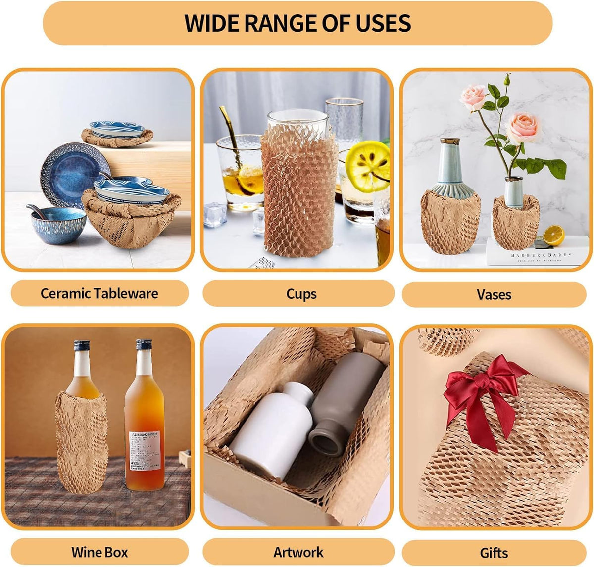 Honeycomb Packing Paper, 15"x300' Honeycomb Cushioning Bubble Wrap Paper Roll for Moving Shipping Breakables Packaging Gifts with 20 Fragile Sticker Biodegradable & Fully Recyclable Brown Kraft