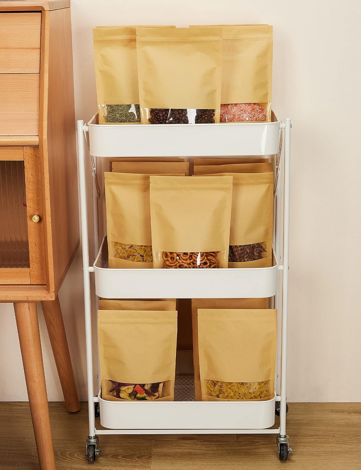 FireKylin 100 Pcs Brown Paper Bags with Window, 3.9" x 5.9" Stand Up Pouches, Zipper Food Storage Bags for Packaging Products, Reusable, Sealable