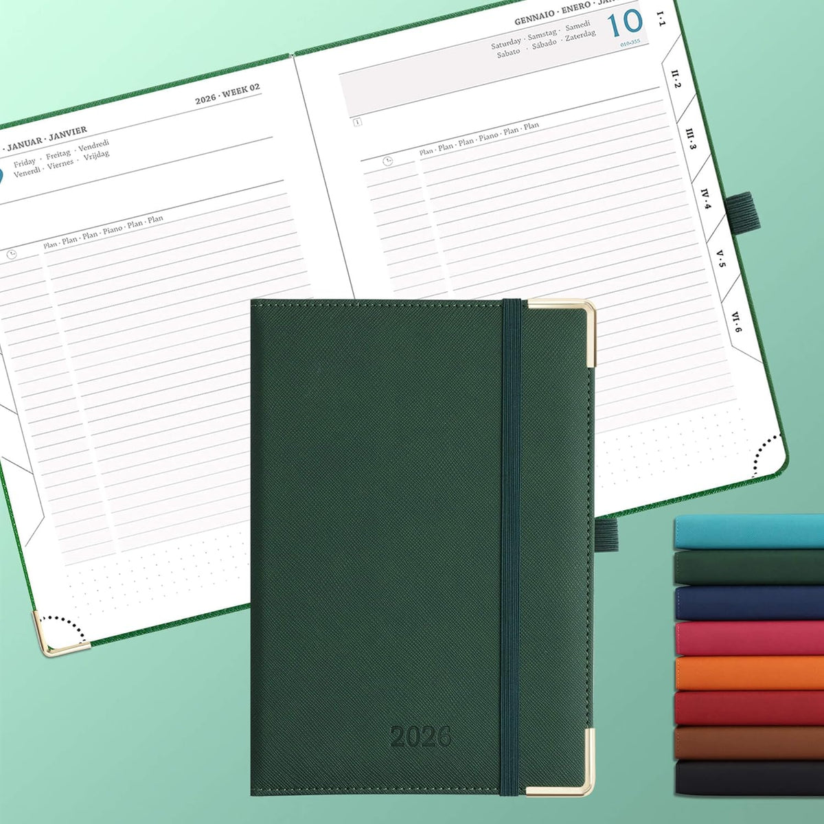 Daily Planner 2026 with One Page Per Day,(A5-8.5" x 5.9"),12 Months Calendar Hourly Appointment Book Monthly Tabs & Self-adhesive Pen Holder,Inner Pocket, Vegan Leather Hardback,Green