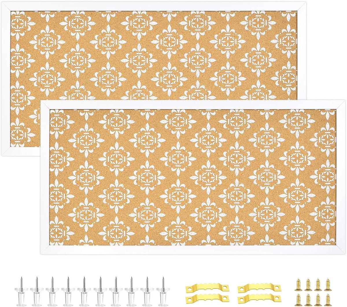 Decorative Cork Board for Walls, Bulletin Board with White Floral Print, White Framed Pin Board Vision Board for Office School Bedroom and Dorm Room with Pins, Screws(WH,3060,2pc)