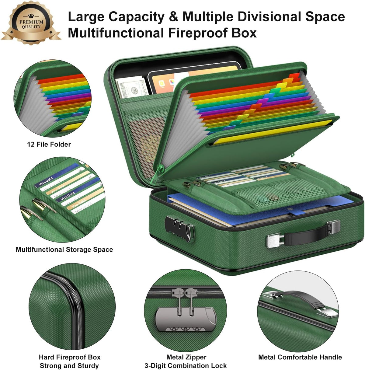 Fireproof Document Folder, Hard Fireproof Waterproof Document Box with Lock Creative Hard-Shell Design Fireproof Document Box for Important Documents Certificates Laptop Passports Green