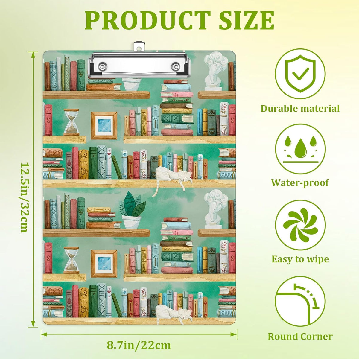 Cat Bookshelves Clipboard,Decorative Acrylic Clipboard with Low Profile Metal Clip for Office,School,Teachers,Students Standard Letter Size 9x12.5