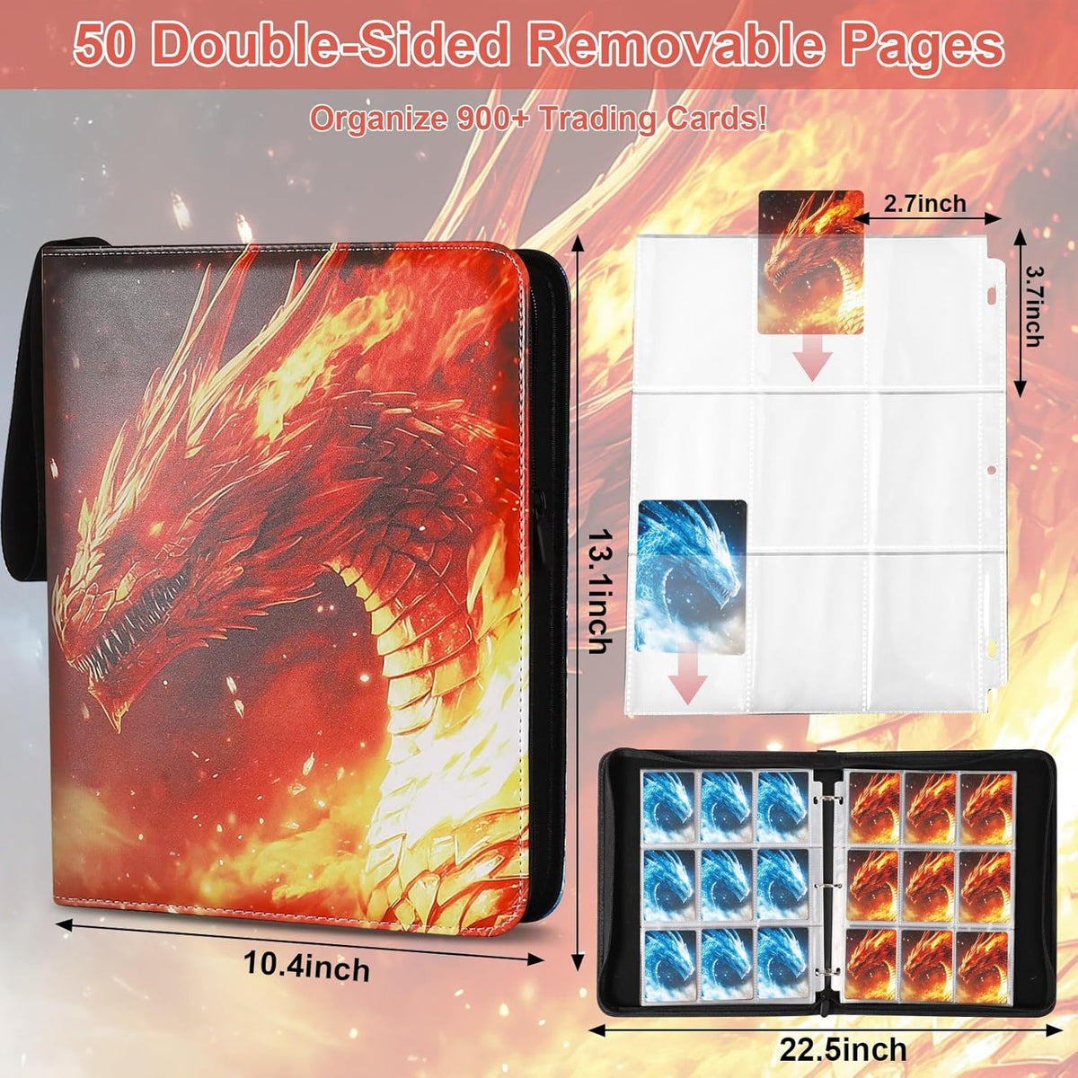 Fire & Ice Dragon 9 Pocket Trading Card Binder Album, Holds 900 Cards with 50 Removable Double-Sided Sleeves, Waterproof PU Leather Zipper Binder for TCG, MTG, Sports Cards