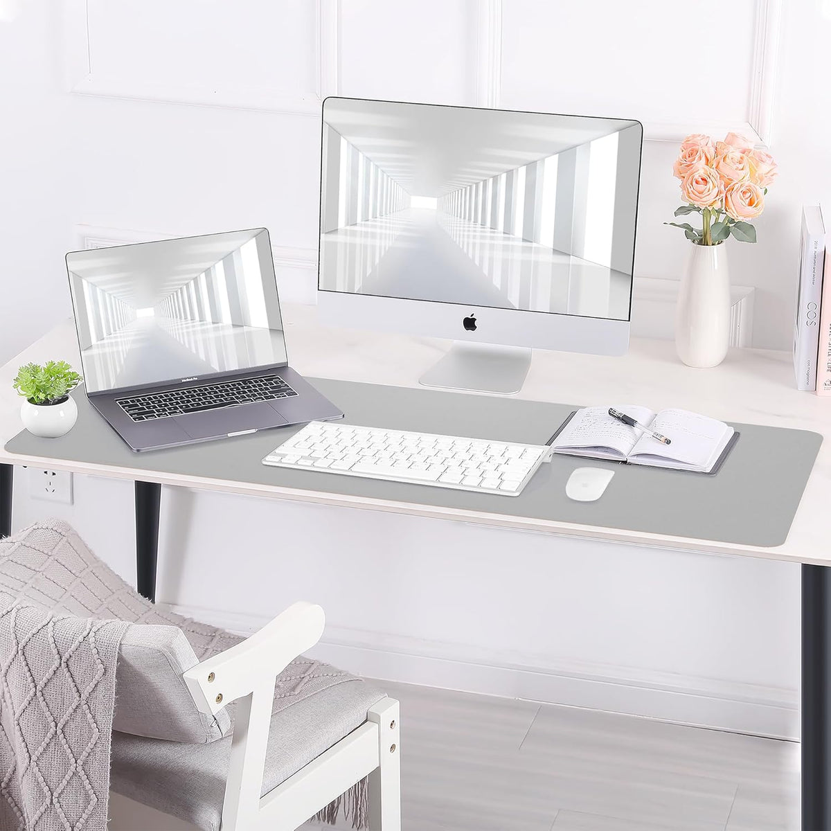 Desk Mat,35.4" x 17" Leather Desk mat,Double-Sided Desk Pad,Desk matt for Desktop,Large Mouse Pad,Office Desk mat,Waterproof Desk Blotter pad for Office&Home(Light Grey+Cork)