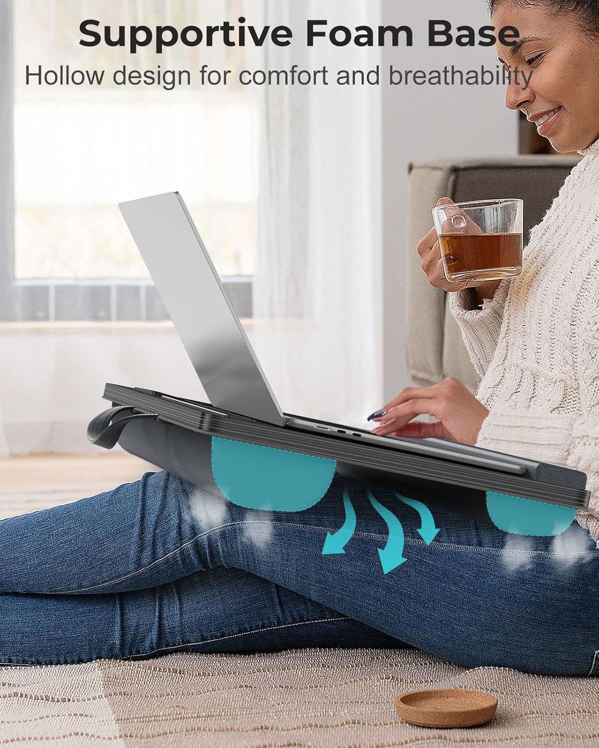 Lap Desk - Up to 17” Laptop Tray with Wrist Rest, Portable Handle, Fixed Mouse Pad, Tablet & Phone Slots, Laptop Stand for Bed with Cushion (Black)