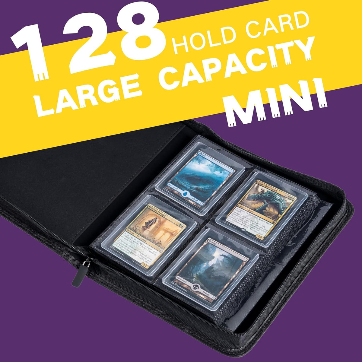 Toploader Binder, Holds 128+ Toploaders, 4 Pocket Top Loader Card Storage Case, Double-Sided Pockets for trading card in 3 x 4'' Toploaders (Pueple)