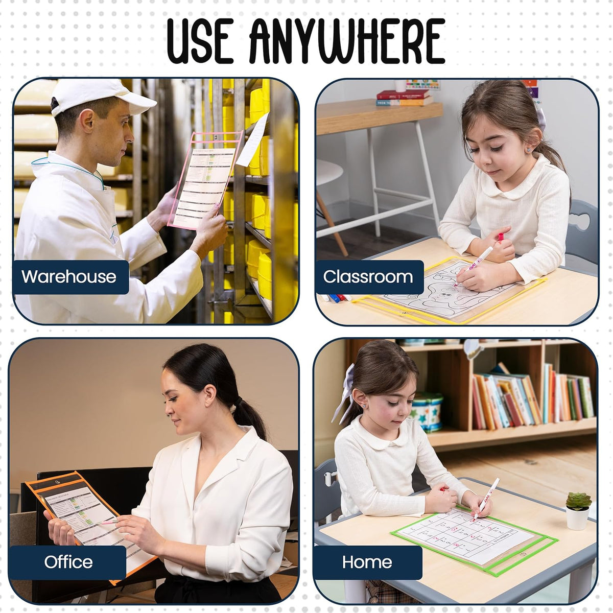 Essex Wares - 6 Pack, Pastel, Dry Erase Pocket Document Protectors, 10" Wide x 13.5" Tall - Dry Erase Clear Plastic Sleeves - Reusable & Easy Erase Plastic Invoice Holders, Water-Resistant & Durable