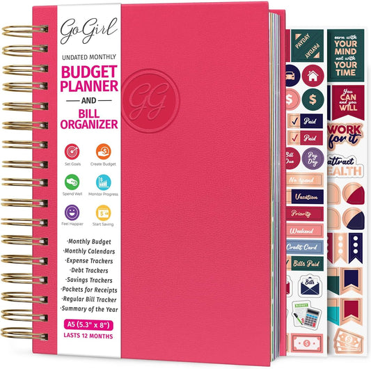 GoGirl Budget Planner & Monthly Bill Organizer – Monthly Financial Book with Pockets. Expense Tracker Notebook Journal, Compact (Hot Pink)