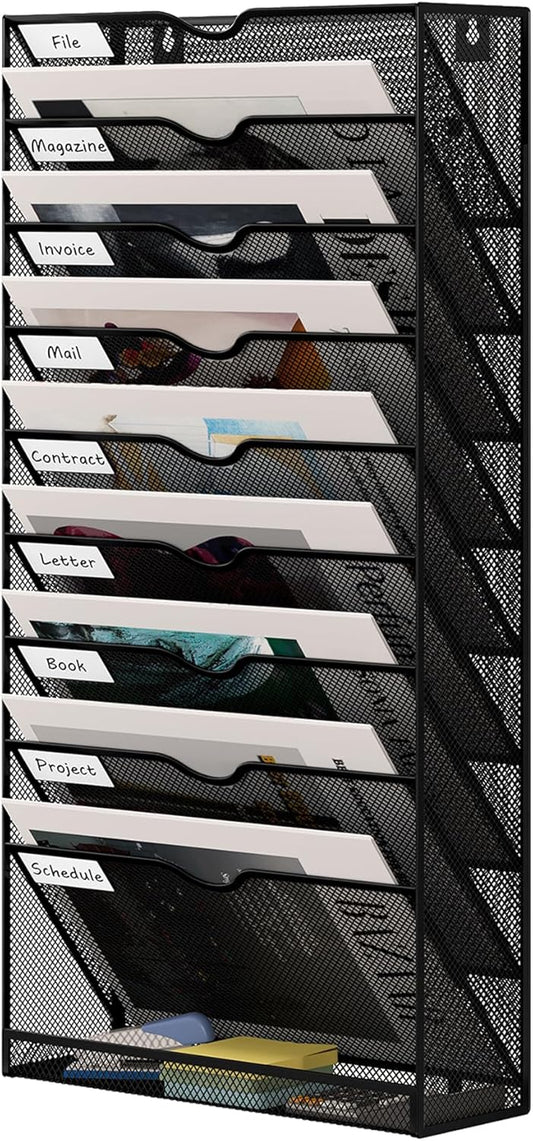 10 Tier Hanging Wall File Holder, Metal A4 Wall Mounted Document Holder, Vertical Hanging Mail Organizer, Magazine Storage Rack With Tray For Office Home Classroom, Black