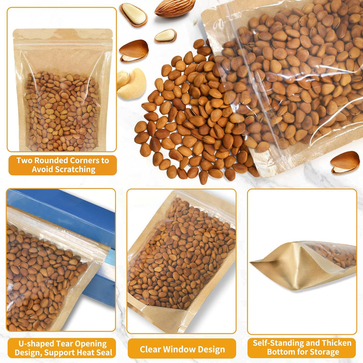 100 PCS Resealable Bags, Stand Up Kraft Bags with Window Clear Front Pouches, Zipper Lock Food Storage Bags 7.87×11.81 Inch Reusable Sealable Bags for Packaging