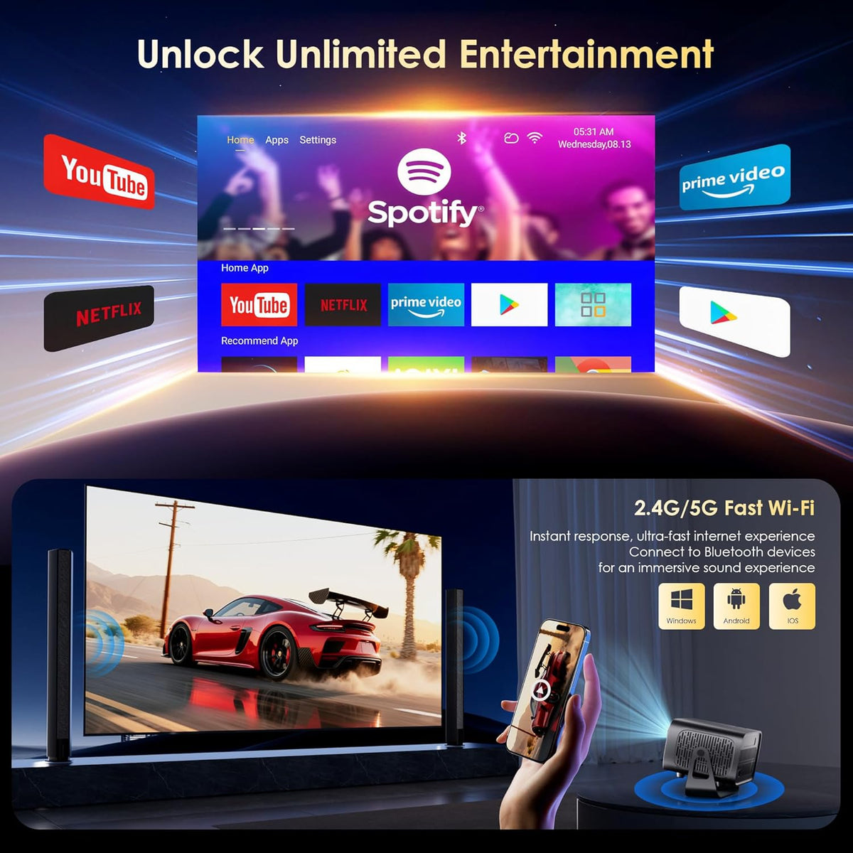 Mini Projector with WiFi and Bluetooth, Electric Focus & Vertical Keystone, 1080P HD 4K Support, Smart Projector with Built-in Streaming Apps, Portable Projector for Outdoor & Home Movie