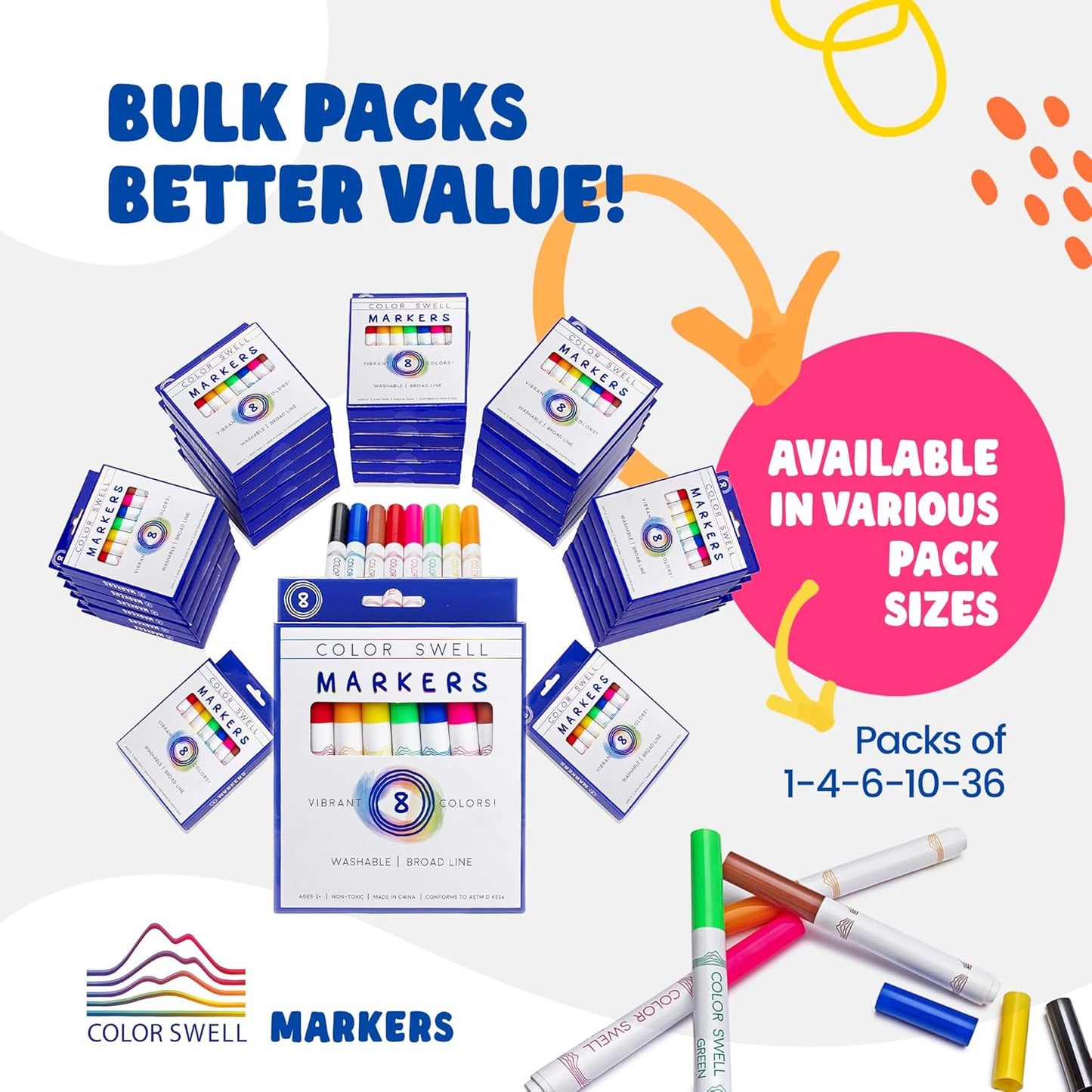 Color Swell Washable Bulk Markers - 18 Boxes of 8 Vibrant Colors (144 Total) Perfect for Kids, Parties, Classrooms - Broad Line Markers