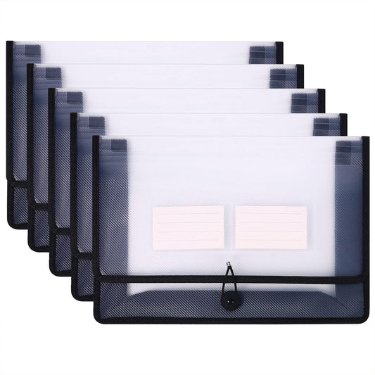 Eco-Friendly Plastic File Folders, Poly Expanding File Wallet, Expandable Envelope Organizer Document Folder with Elastic Band and Button Closure, with Small Two Pockets, 5 Pack- Black