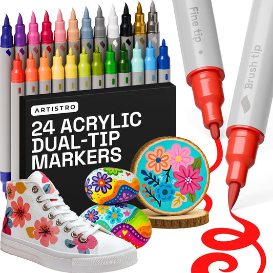 ARTISTRO Acrylic Paint Markers for Fabric, Rock, Wood, Glass, Craft - 24 Quick Dry Dual-Tip Fabric Paint Pens for Halloween Decorations - Pumpkin Painting Kit, Art Supplies, Christmas Gift