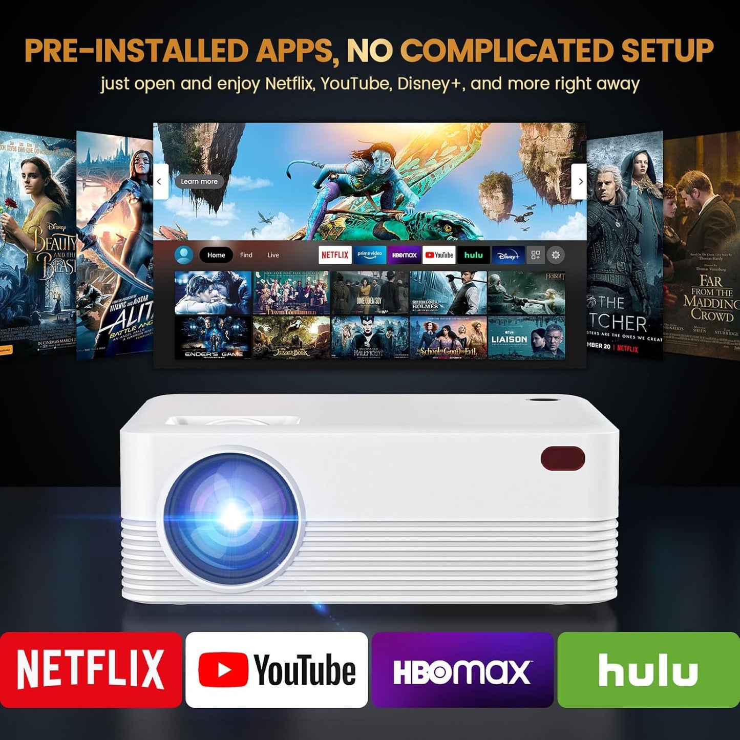 Mini Portable Projector with Wifi and Bluetooth, Native 1080P Full HD Smart Projector , 300 ANSI, Compatible with Smartphone, HDMI, USB for Home, Bedroom, Outdoor Use （White）