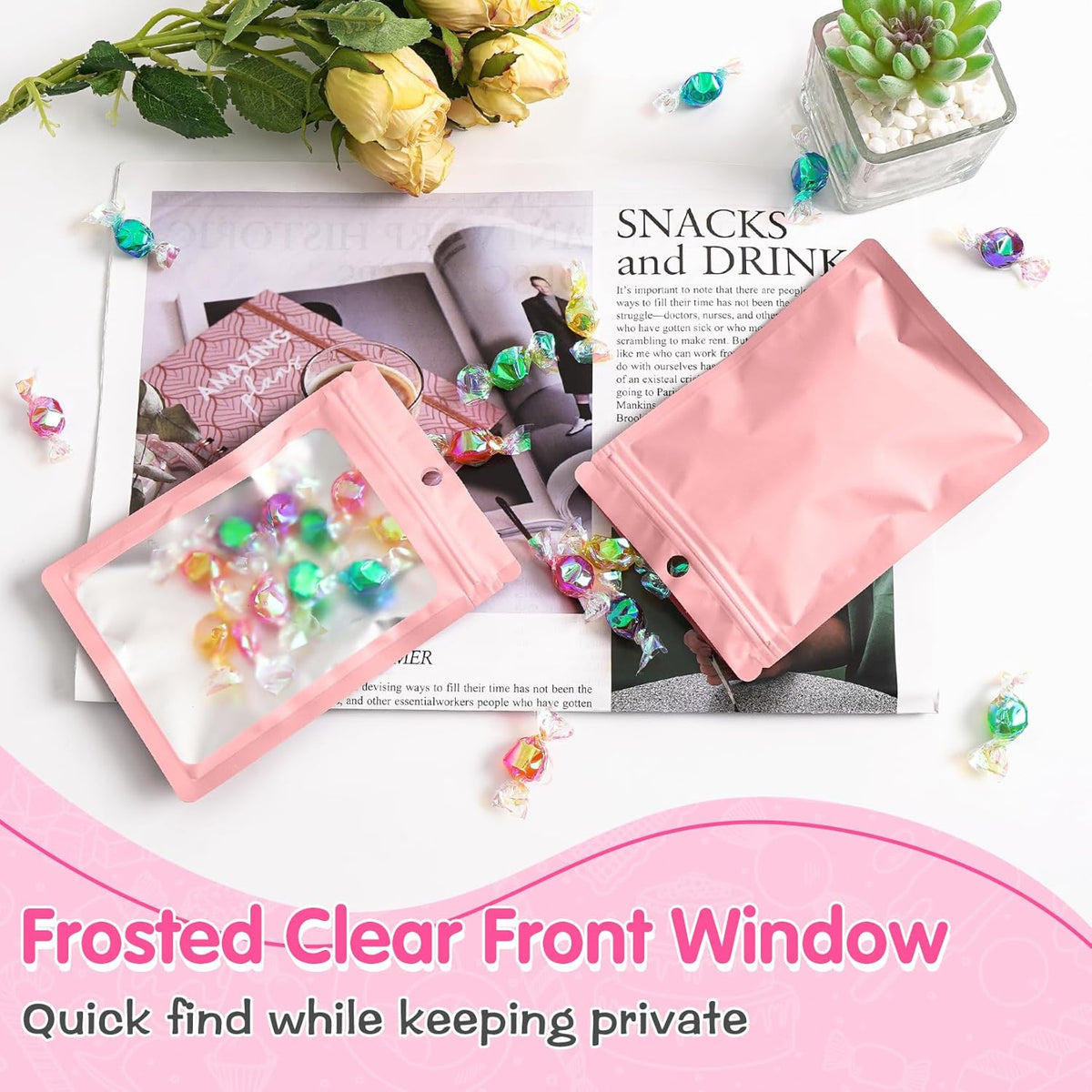 FUNFERY 100 Pack Mylar Resealable Bags Foil Packaging Bags with Clear Window,Zipper Pouch Smell Proof Bag for Food Storage,Cookies,Sample,Small Business(Pink,7x10inch)