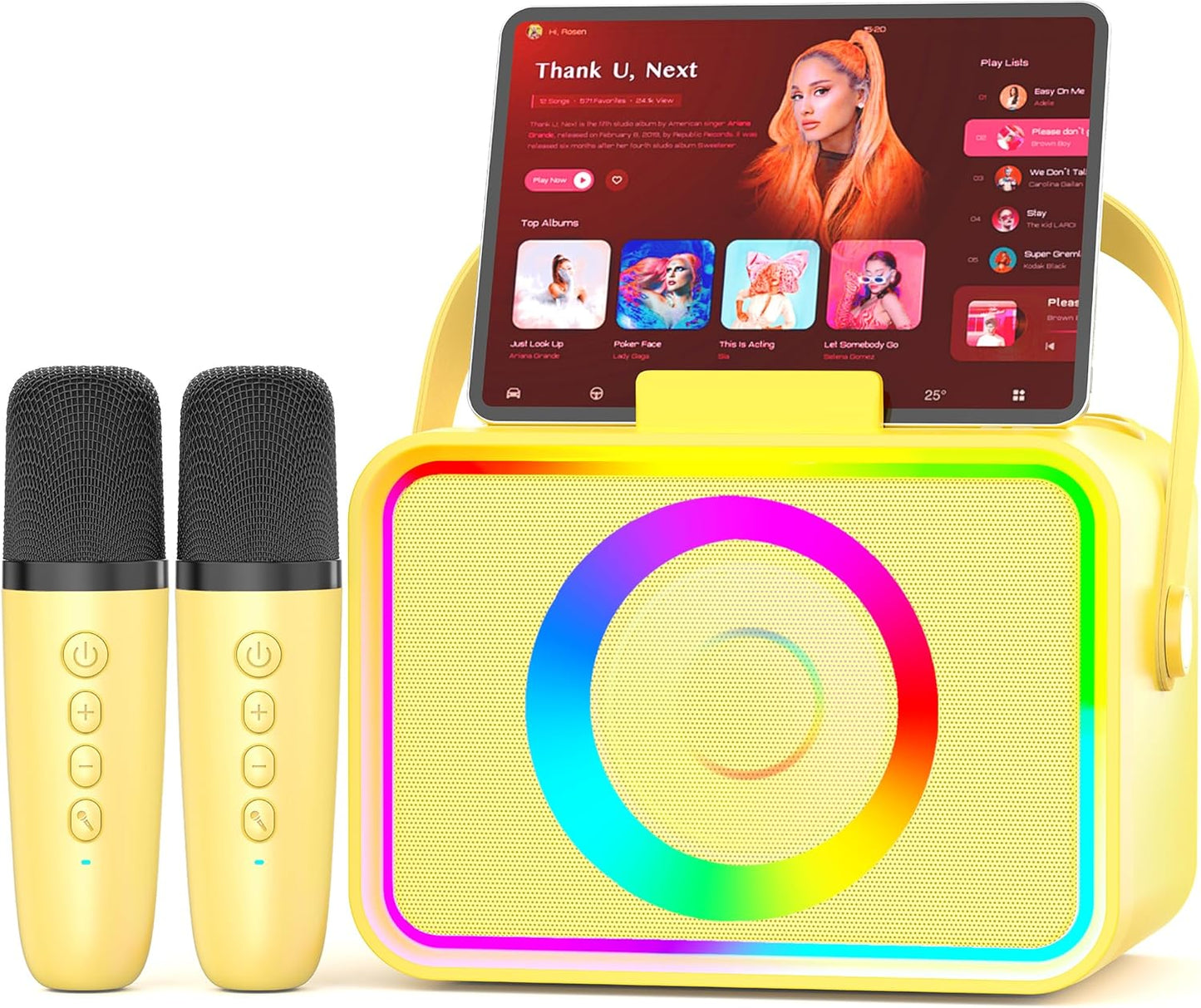Karaoke Machine,Portable Bluetooth Speaker with 2 Wireless Microphone for Adults & Kids with LED Lights, Karaoke Microphone with PA System Supports USB/TF/AUX,Gift for Party (Yellow)